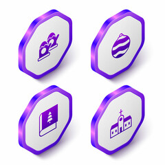 Set Isometric Christmas mittens, ball, book and Church building icon. Purple hexagon button. Vector