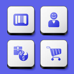 Set Barcode, Happy customer, Hot price and Shopping cart icon. White square button. Vector