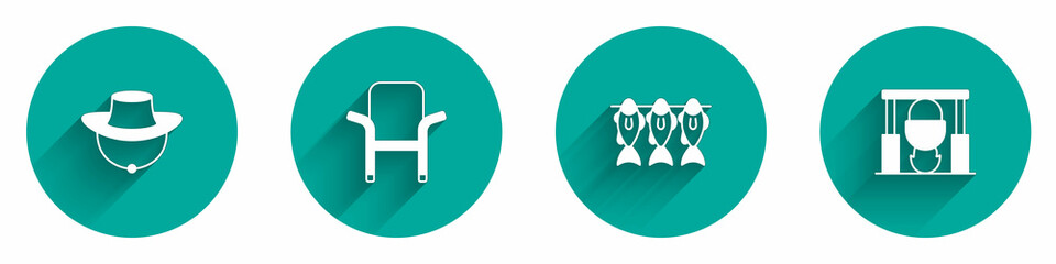 Set Fisherman hat, Camping folding chair, Dried fish and Campfire and pot icon with long shadow. Vector