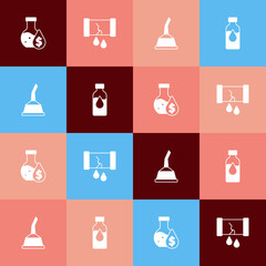 Set pop art Oil petrol test tube, Broken oil pipe with valve, Canister for motor machine and icon. Vector
