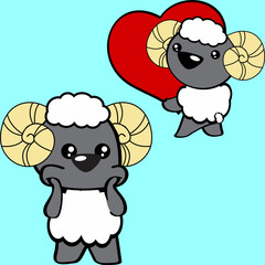 cute chibi ram cartoon surprised expression and holding red heart pack in vector format