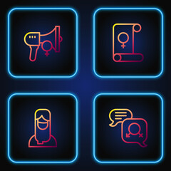 Set line Gender equality, Muslim woman in hijab, Feminist activist and Feminism. Gradient color icons. Vector