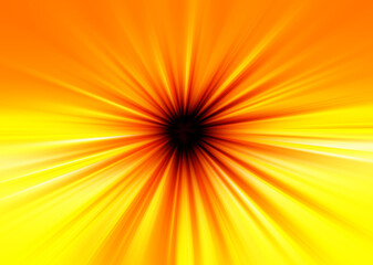 Abstract surface of radial blur zoom in yellow, orange and brown tones. Warm sunny background with radial, diverging, converging lines.