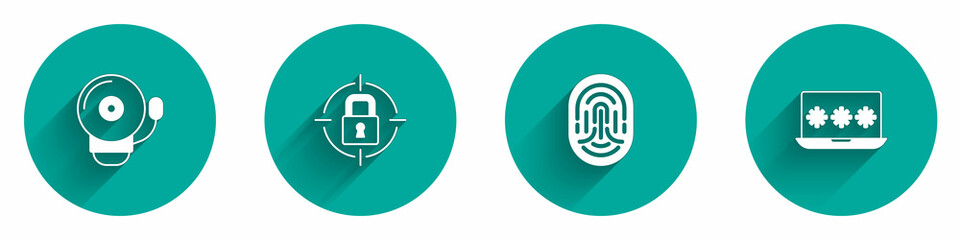 Set Ringing alarm bell, Lock, Fingerprint and Laptop with password icon with long shadow. Vector