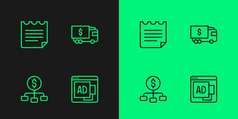 Set line Advertising, Hierarchy with dollar, Notebook and Armored truck icon. Vector