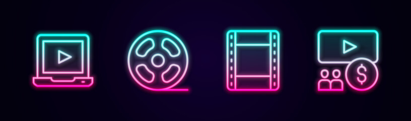 Set line Online play video, Film reel, Play and Cinema auditorium with screen. Glowing neon icon. Vector