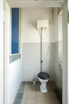 Front view of the toilet room with blue toilet seat. On the left is a blue window.