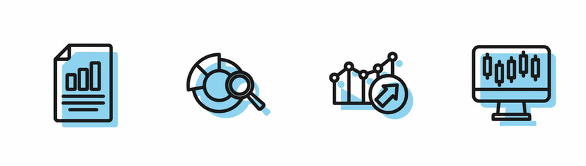 Set line Financial growth, Document with graph chart, Search data analysis and Stocks market graphs icon. Vector