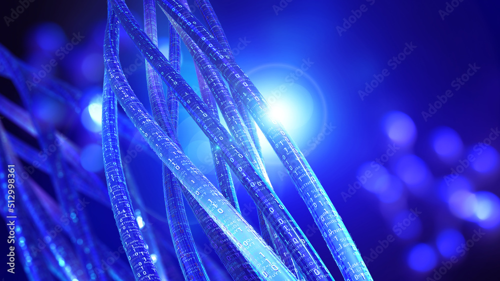 Poster High speed internet 3D illustration. Twisted wires, stream of data. Telecommunication, coding, data transfer rate. Radiance, insight and smart solutions
