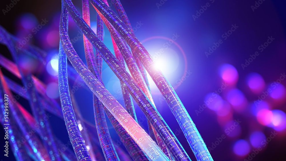 Fototapete High speed internet 3D illustration. Twisted wires, stream of data. Telecommunication, coding, data transfer rate. Radiance, insight and smart solutions