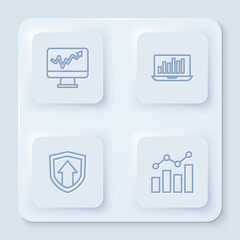 Set line Monitor with graph chart, Laptop, Financial growth and . White square button. Vector