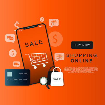 layout online shopping on the shopping application app with Smartphone with a shopping bag, or cart, for advertising. illustration
