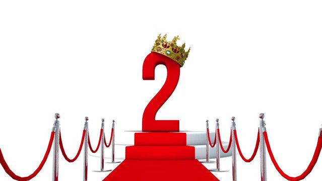 3D animation of the number two wearing a crown on red carpet