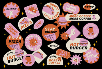 Vector set of retro fast food stickers. Colorful patch badges for junk food cafe.