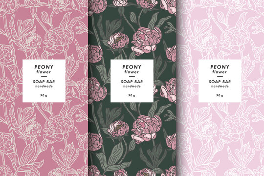 Vector background with peony flowers in vintage style. Vertical floral card with frame for text.