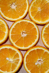 Sliced orange slices, top view. Ripe juicy orange, close up