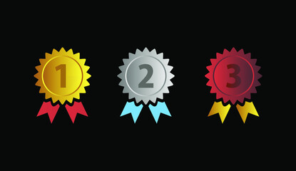 Award medal icon set of gold, silver and bronze medallions with ribbons on a black background. Competition concept of success and leadership. Vector illustration