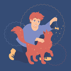 Young boy playing with his cat flat style vector illustration. Kids and pets series. - 512999783