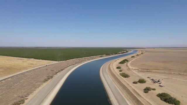 Aerial shot of one of the aqueducts running through California's Central Valley that supplies water to Los Angeles and Southern California.