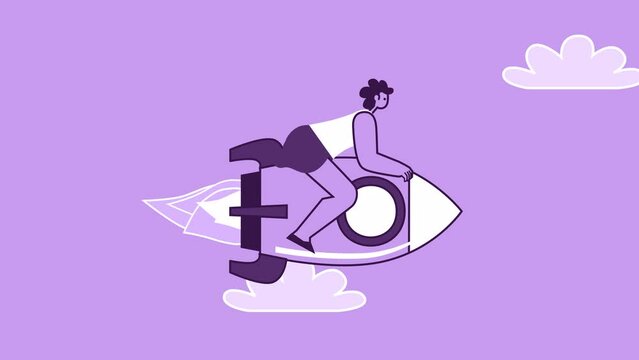 Purple Style Woman Flat Character  on Rocket Flies Out of Smartphone. Isolated Loop Animation with Alpha Channel