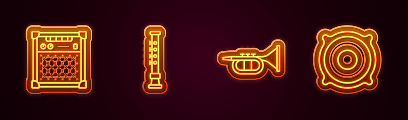 Set line Guitar amplifier, Flute, Trumpet and Stereo speaker. Glowing neon icon. Vector