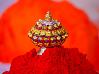 Red Sindoor Powder. Indian Traditional Vermilion box.