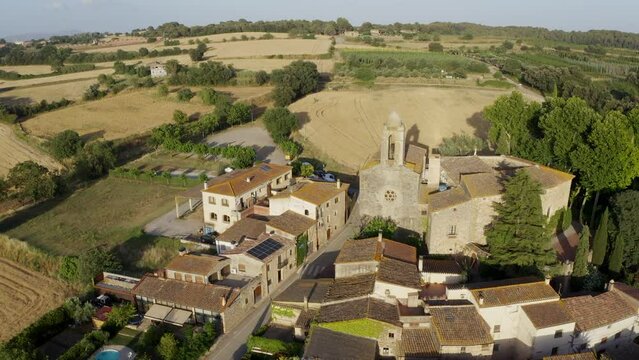 Aerial drone video footage of Spanish city Pubol. castle of pubol spain. small town located in the municipality of La Pera province of Girona, Catalonia. Top view from above