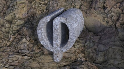 Illustration of Greek letter phi from tridimensioanl concrete over a rock background
