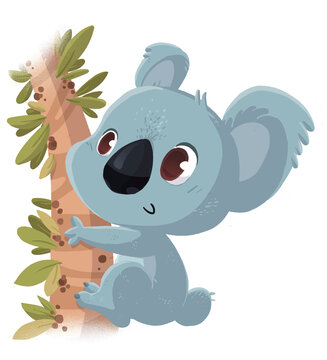 Koala child illustration hanging a tree
