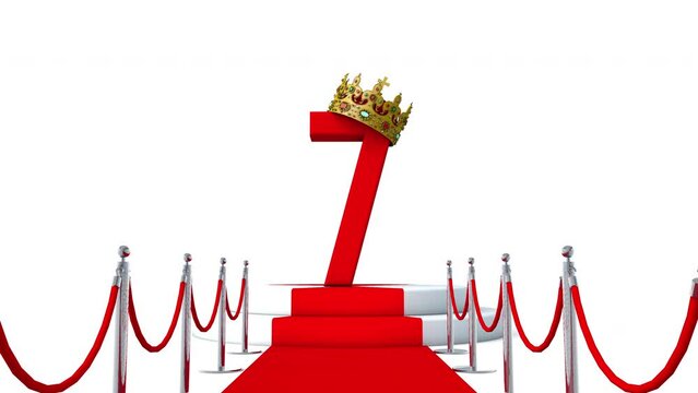 3D animation of the number seven wearing a crown on red carpet