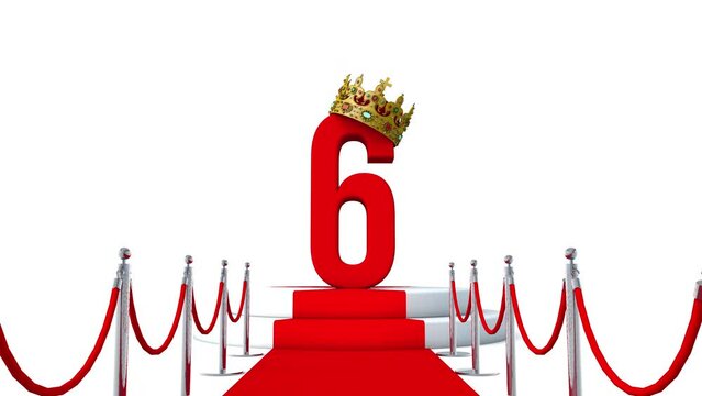 3D animation of the number six wearing a crown on red carpet