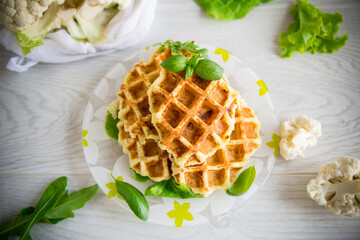 vegetable waffles cooked with cauliflower in a plate - obrazy, fototapety, plakaty