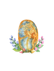 Watercolor amber gemstone with flowers and leaves on white background.