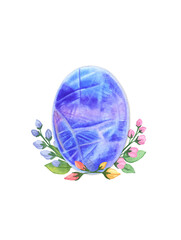 Watercolor moonstone with flowers and leaves on white background.