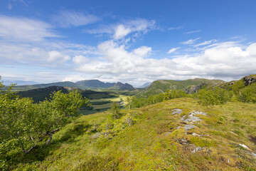 Fototapeta na wymiar On a mountain hike to Kaukarpallen mountains a great summer day, Northern Norway- Europe 