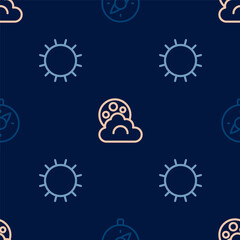 Set line Compass, Sun and Cloud with moon on seamless pattern. Vector