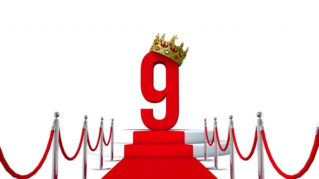 3D animation of the number nine wearing a crown on red carpet