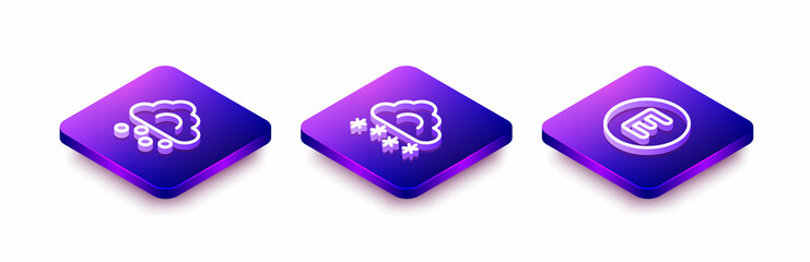 Set Isometric line Hail cloud, Cloud with snow and Compass west icon. Vector