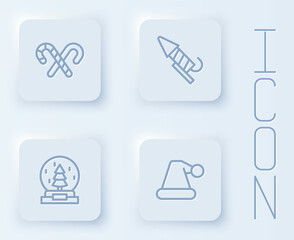 Set line Candy cane with stripes, Firework rocket, Christmas snow globe and Santa Claus hat. White square button. Vector