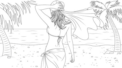 Obraz na płótnie Canvas Vector illustration, a slender girl walks on the beach