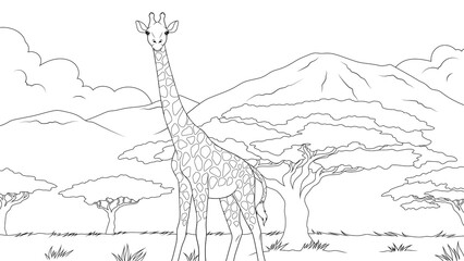 Vector illustration, a giraffe stands in a clearing against the backdrop of mountains © Andrey1005