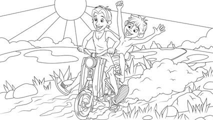 Vector illustration, cheerful children ride bicycles in the countryside