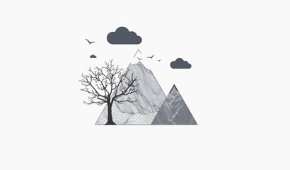 Art concept. Abstract mountains with clouds. Silhouette of a tree.
