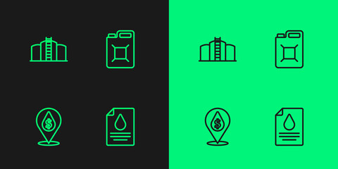 Set line Contract money and pen, Oil drop with dollar symbol, tank storage and Canister for gasoline icon. Vector