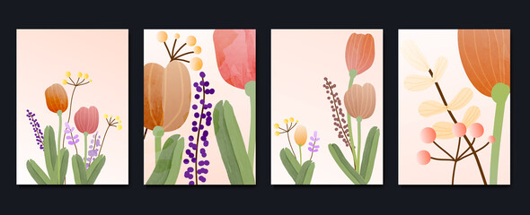 Set of abstract floral wall art vector. Leaves, flower, garden, leaf branch, wildflowers in watercolor texture. Blossom flowers wall decoration collection design for interior, poster, cover, banner.