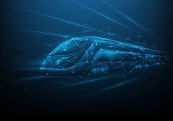 train transport technology low poly wireframe. isolated on blue dark background. high speed train in the future. vector illustration digital design. transportation and logistics digital. © Yellow duck