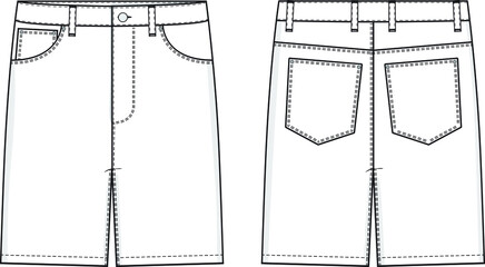 Jean Shorts Flat Technical Drawing Illustration Five Pocket Classic Blank Streetwear Mock-up Template for Design and Tech Packs CAD Denim