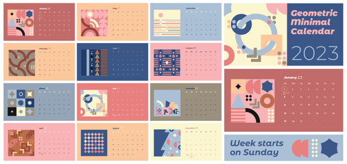 2023 Calendar Geometric Minimal Pastel Colors in English. Template. Layout. Week starts on Sunday. Illustrator, vector illustration.