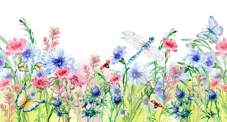 Meadow colorful flowers board with insects watercolor illustration isolated.