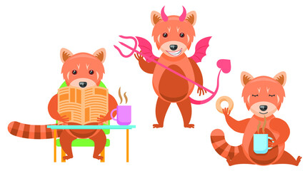 Obraz premium Set Abstract Collection Flat Cartoon Different Animal Red Pandas Drinking Tea, Devil With Horns And Trident, Reading A Newspaper With A Cup Of Tea Vector Design Style Elements Fauna Wild